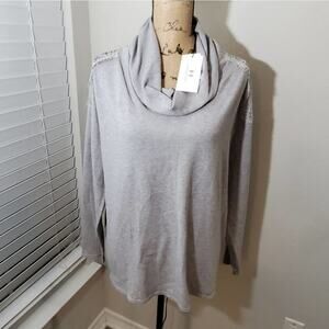 Halston‎ Cowl neck lace insert shoulder foggy Heather sweater size small NEW!!!